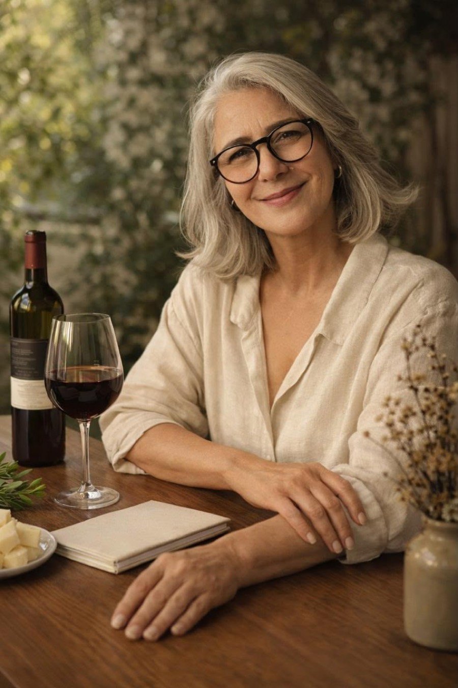 Lú Peixoto sorrindo à mesa